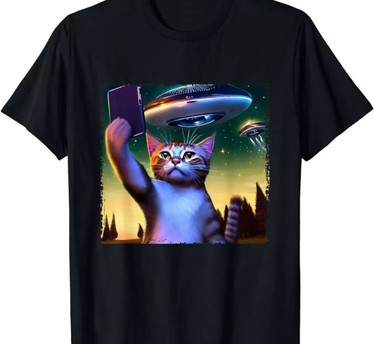 Funny Cat Selfie With Ufo Gift Ideas Tee Fun T-shirt Size S-5xl