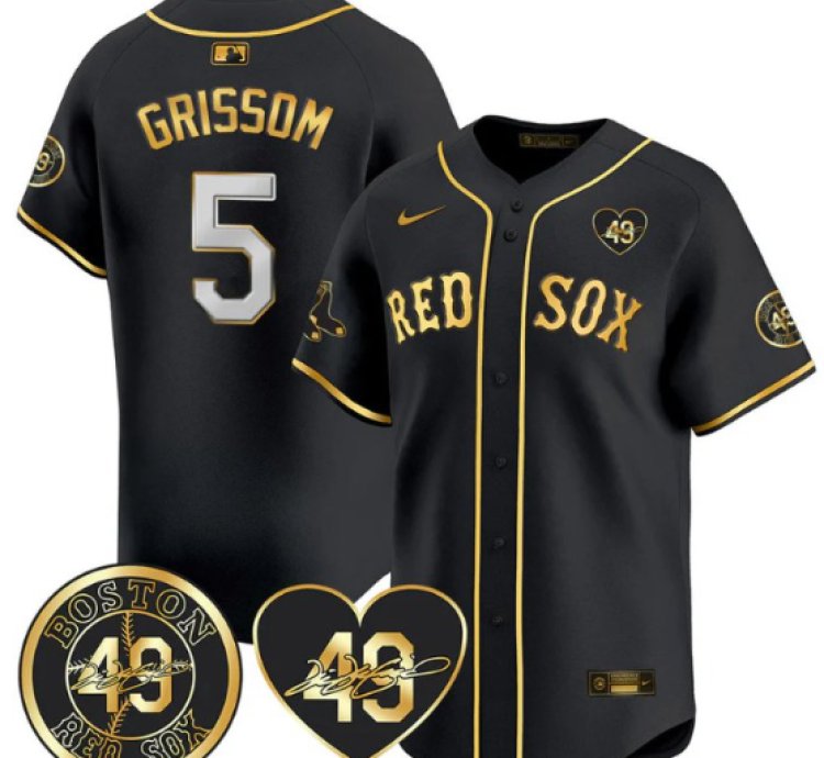 Vaughn Grissom Jersey 5 Boston Red Sox Tim Wakefield Memorial Patch Stitched Black Gold