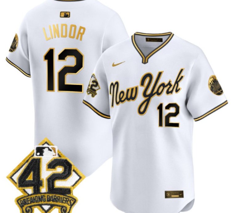 Francisco Lindor Jersey 12 New York Mets 2025 Jackie Robinson Patch Alternate Stitched White Gold