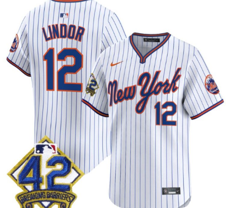 Francisco Lindor Jersey 12 New York Mets 2025 Jackie Robinson Patch Alternate Stitched Pinstripe