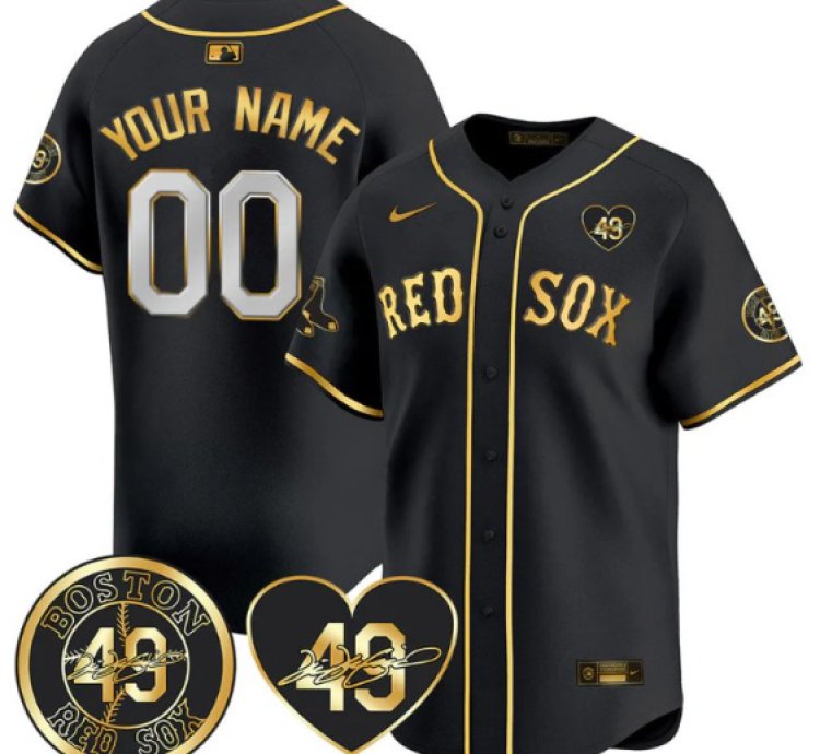 Custom Boston Red Sox Jersey Tim Wakefield Memorial Patch Stitched Black Gold
