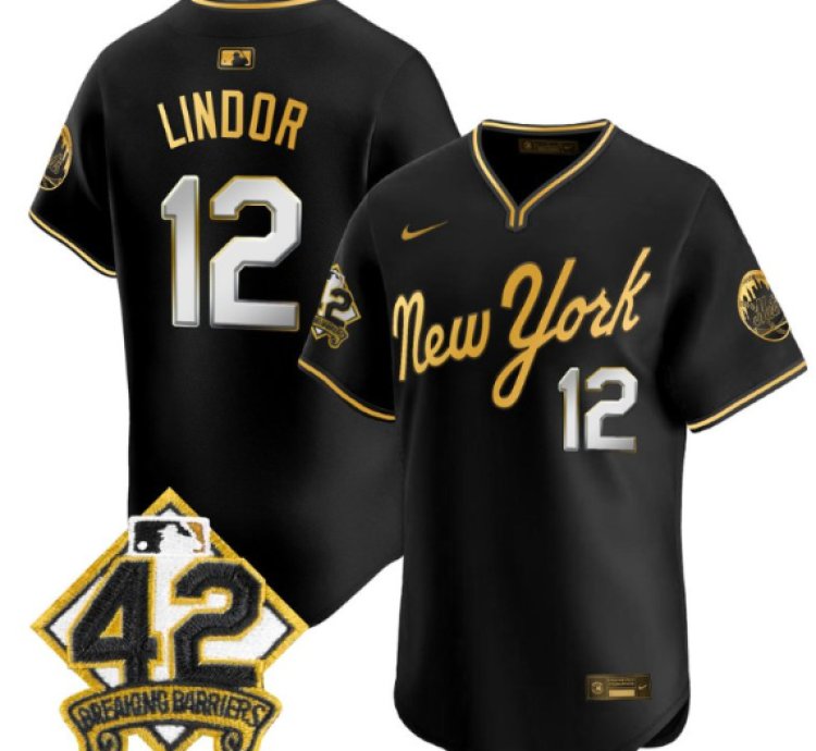 Francisco Lindor Jersey 12 New York Mets 2025 Jackie Robinson Patch Alternate Stitched Black Gold