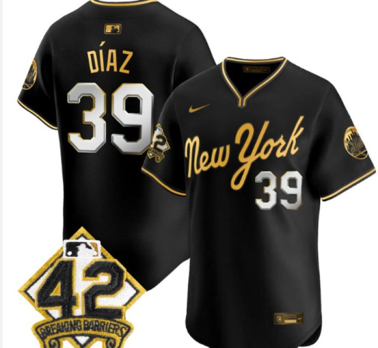 Edwin Díaz Jersey 39 New York Mets 2025 Jackie Robinson Patch Road Alternate Stitched Black Gold