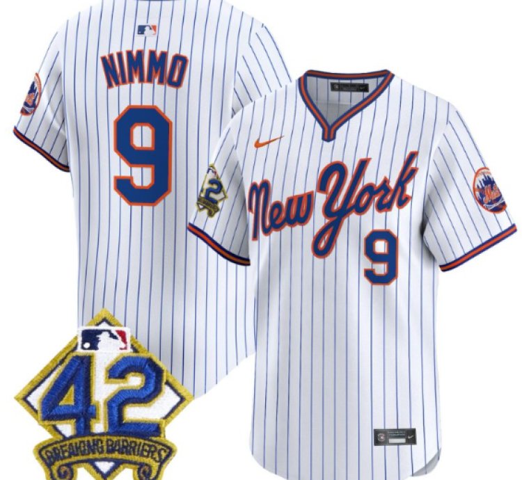 Brandon Nimmo Jersey 9 New York Mets 2025 Jackie Robinson Patch Road Alternate Stitched Pinstripe
