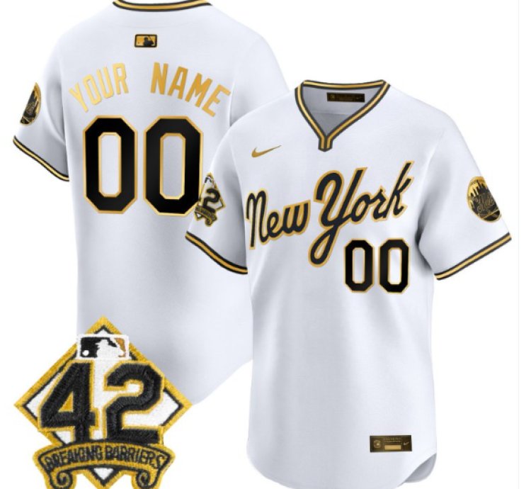 Custom New York Mets Jersey 2025 Jackie Robinson Patch Road Stitched White Gold