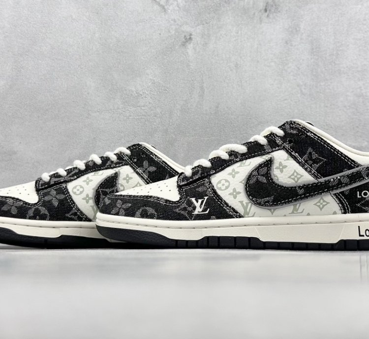 280 Nk Dunk Low Retro Diy High-end Customization Lv Beige And Black Denim Print