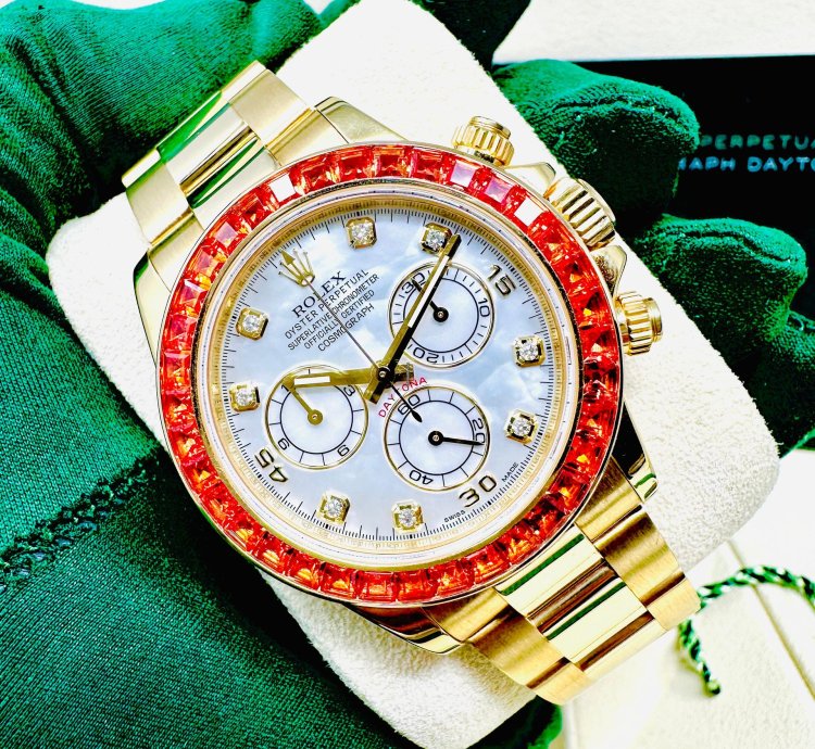 Rolex Daytona 116578 Saco Yellow Gold Orange Sapphire Mother Of Pearl Dial Full Set