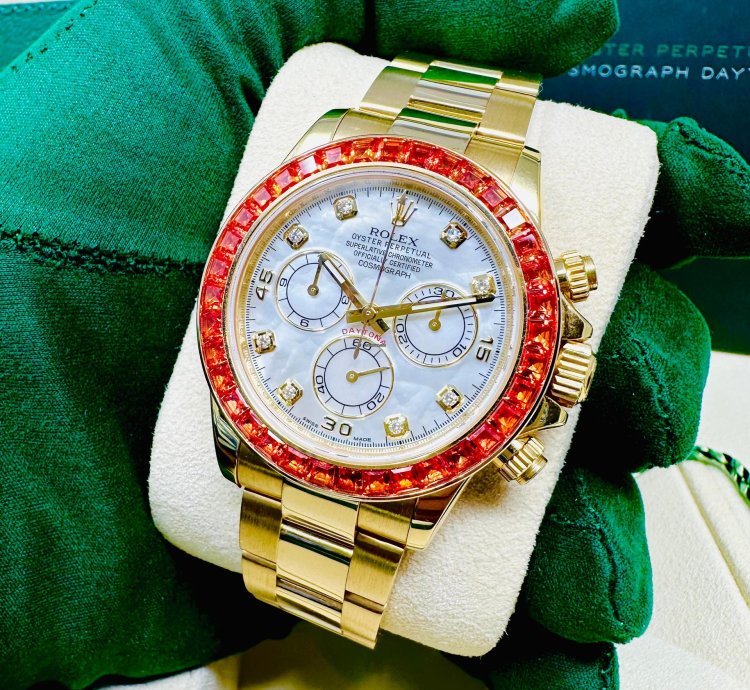 Rolex Daytona 116578 Saco Yellow Gold Orange Sapphire Mother Of Pearl Dial Full Set