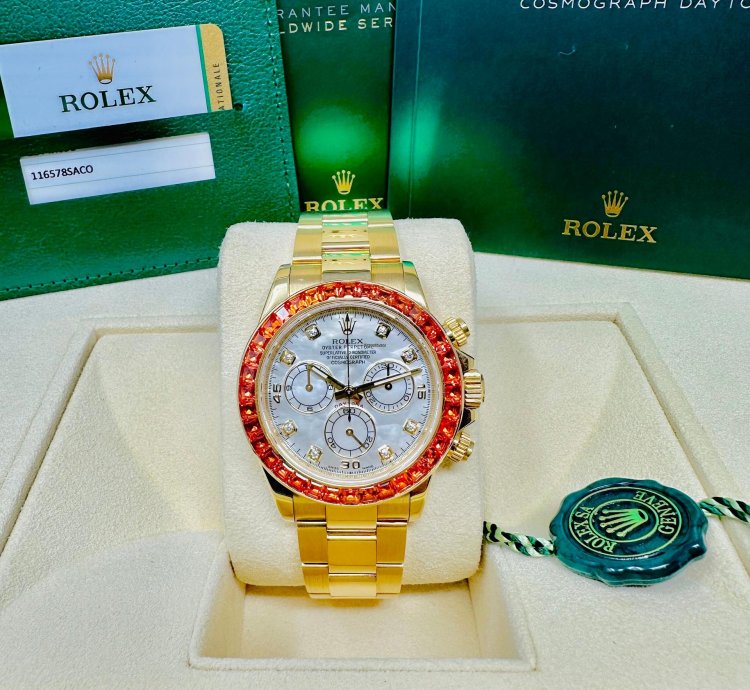 Rolex Daytona 116578 Saco Yellow Gold Orange Sapphire Mother Of Pearl Dial Full Set