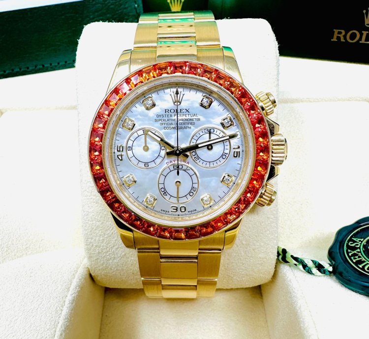 Rolex Daytona 116578 Saco Yellow Gold Orange Sapphire Mother Of Pearl Dial Full Set
