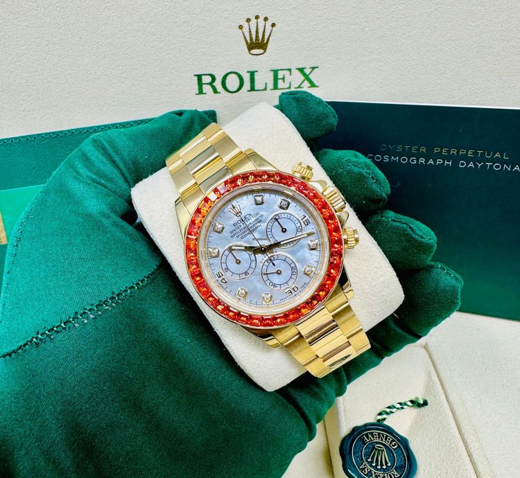 Rolex Daytona 116578 Saco Yellow Gold Orange Sapphire Mother Of Pearl Dial Full Set