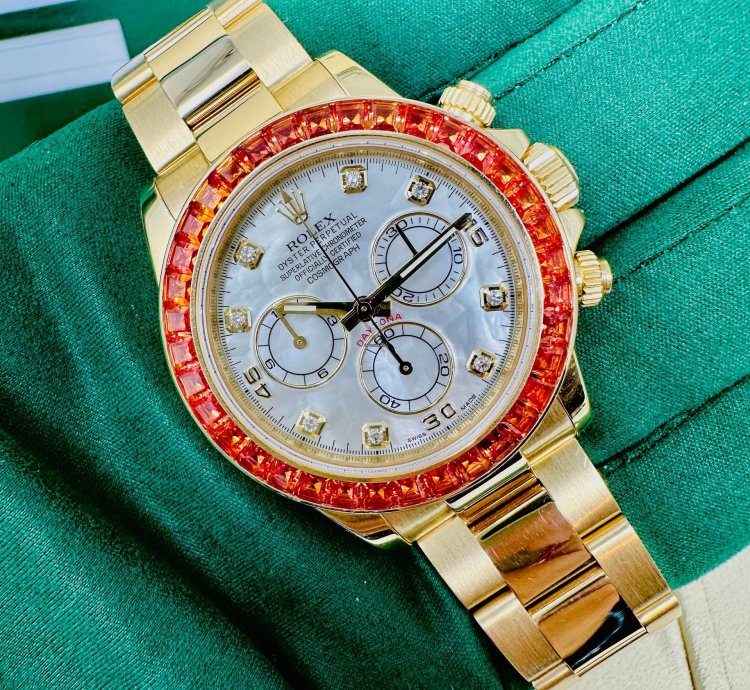 Rolex Daytona 116578 Saco Yellow Gold Orange Sapphire Mother Of Pearl Dial Full Set