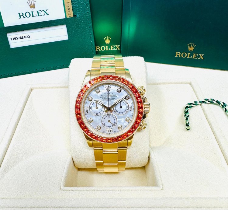 Rolex Daytona 116578 Saco Yellow Gold Orange Sapphire Mother Of Pearl Dial Full Set
