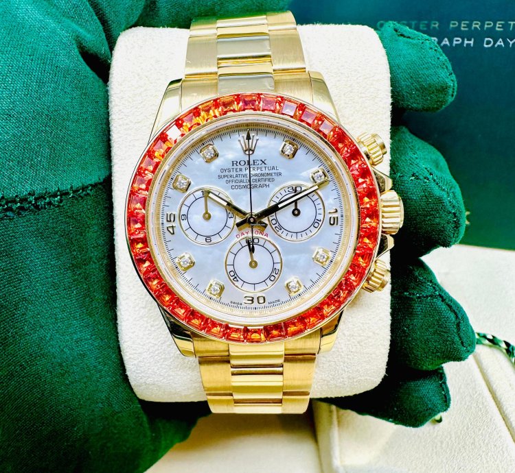 Rolex Daytona 116578 Saco Yellow Gold Orange Sapphire Mother Of Pearl Dial Full Set