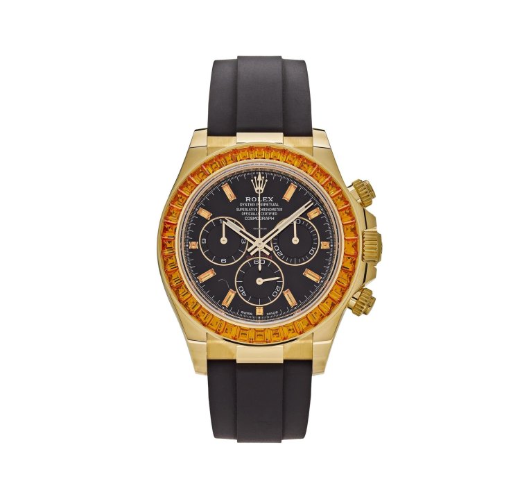 Rolex Daytona 116588saco Yellow Gold Orange Sapphire Bezel Black Diamond Dial
