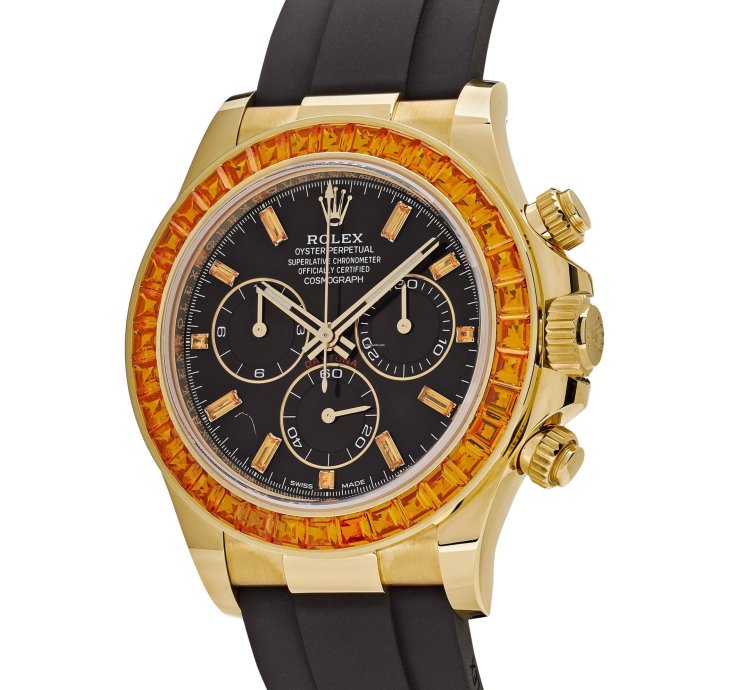 Rolex Daytona 116588saco Yellow Gold Orange Sapphire Bezel Black Diamond Dial