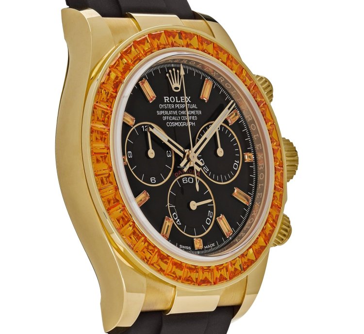 Rolex Daytona 116588saco Yellow Gold Orange Sapphire Bezel Black Diamond Dial