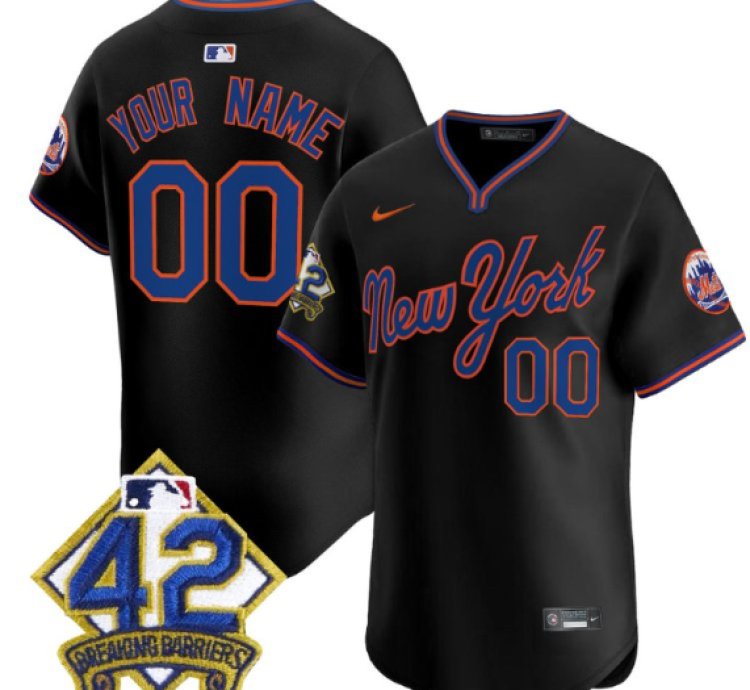 Custom New York Mets Jersey 2025 Jackie Robinson Patch Road Alternate Stitched Black