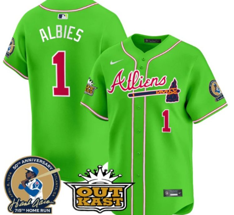Ozzie Albies Jersey 1 Atlanta Braves Atliens Hank Aaron Patch Limited Stitched Bright Green