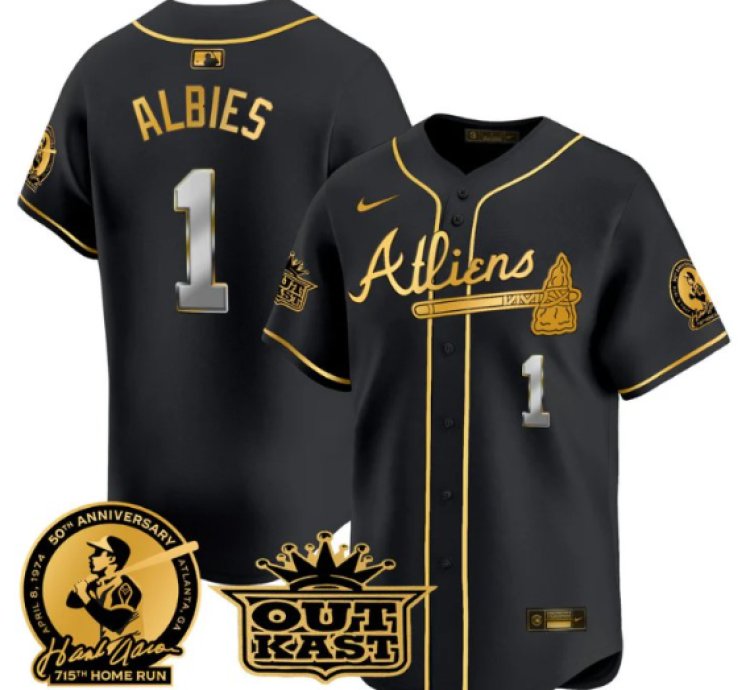 Ozzie Albies Jersey 1 Atlanta Braves Atliens Hank Aaron Patch Limited Stitched Black Gold