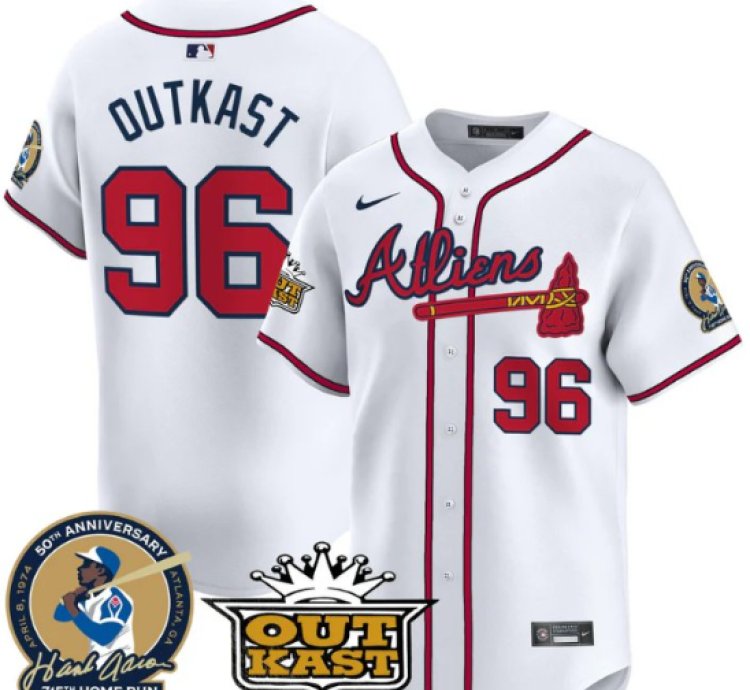 Outkast Jersey 96 Atlanta Braves Atliens Hank Aaron Patch Limited Stitched White