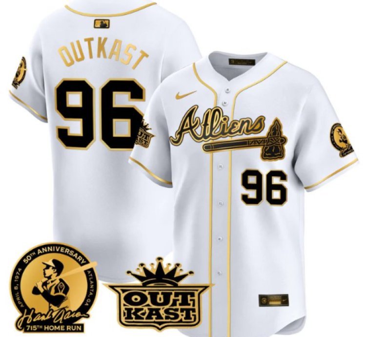 Outkast Jersey 96 Atlanta Braves Atliens Hank Aaron Patch Limited Stitched White Gold