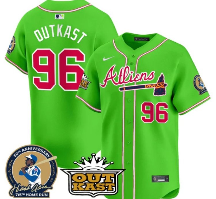 Outkast Jersey 96 Atlanta Braves Atliens Hank Aaron Patch Limited Stitched Bright Green