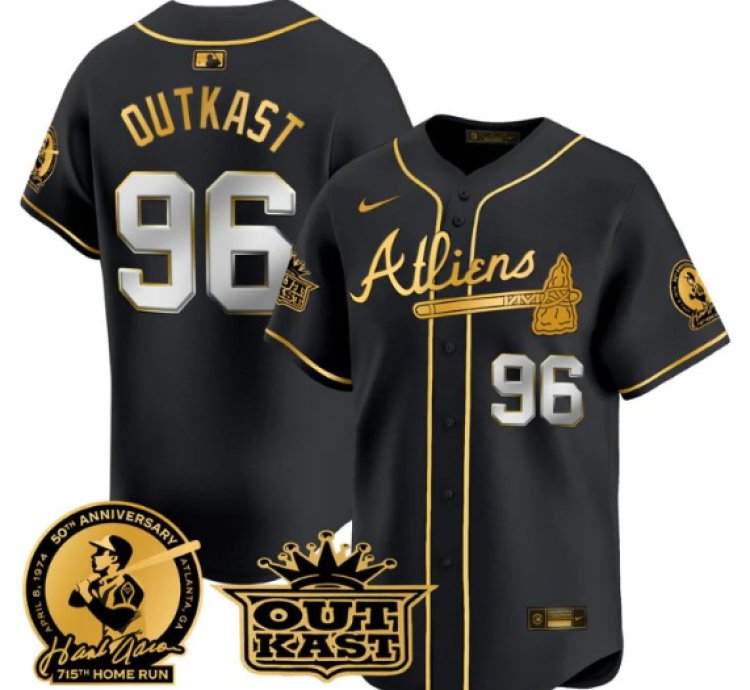 Outkast Jersey 96 Atlanta Braves Atliens Hank Aaron Patch Limited Stitched Black Gold