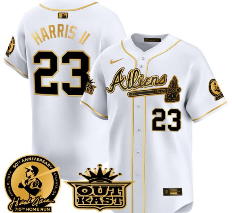 Michael Harris Ii Jersey 23 Atlanta Braves Atliens Hank Aaron Patch Limited Stitched White Gold