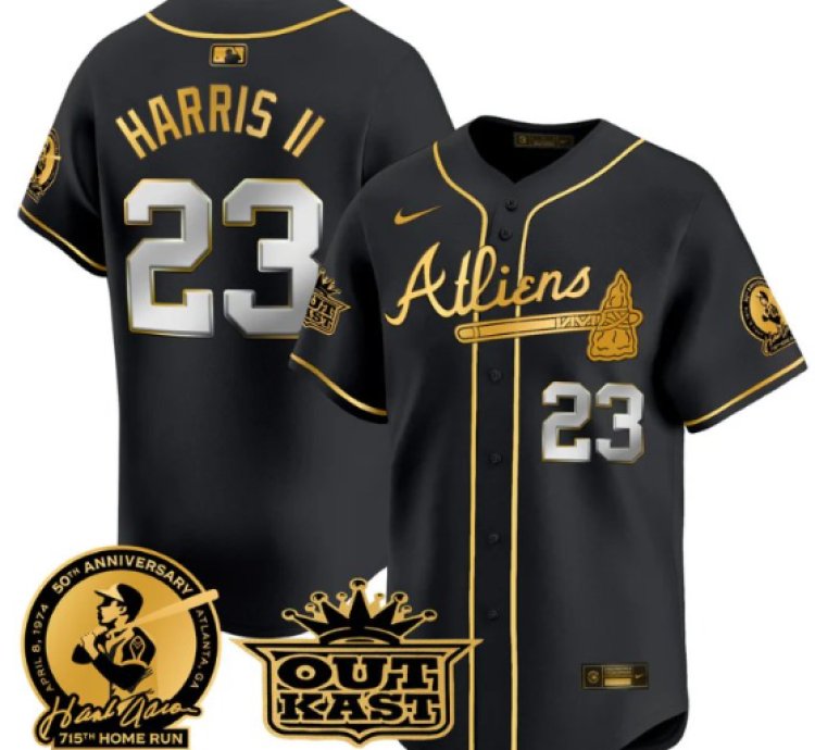 Michael Harris Ii Jersey 23 Atlanta Braves Atliens Hank Aaron Patch Limited Stitched Black Gold