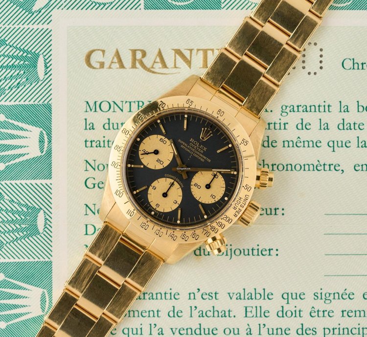 Rolex Daytona 6265 - 18k Yellow Gold - Black Dial - Rolex Punched Warranty