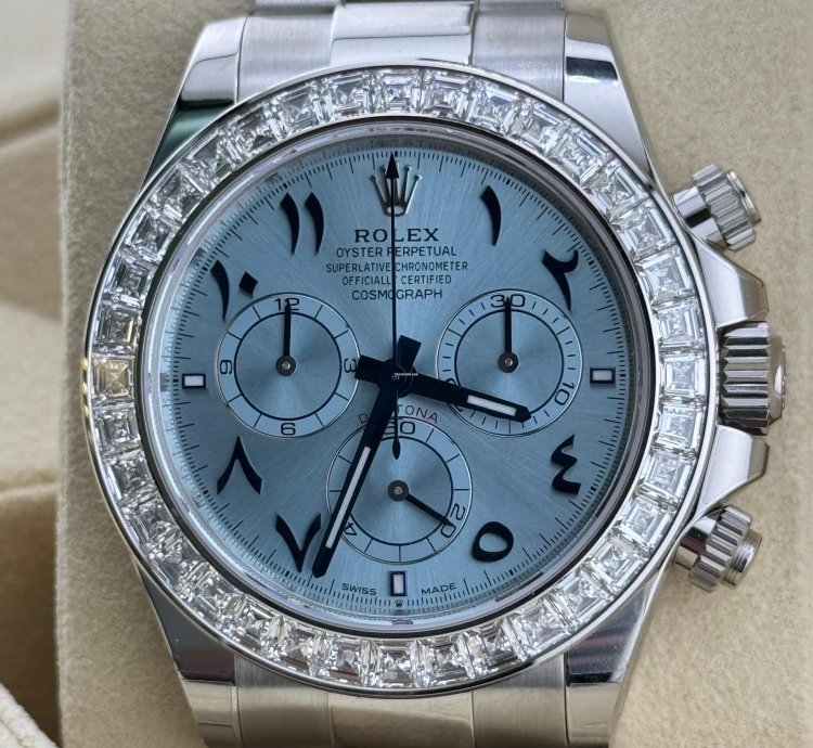 Rolex Daytona Arabic Ice Blue Dial Bugguatte Diamond Bezel Open Caseback New Reference