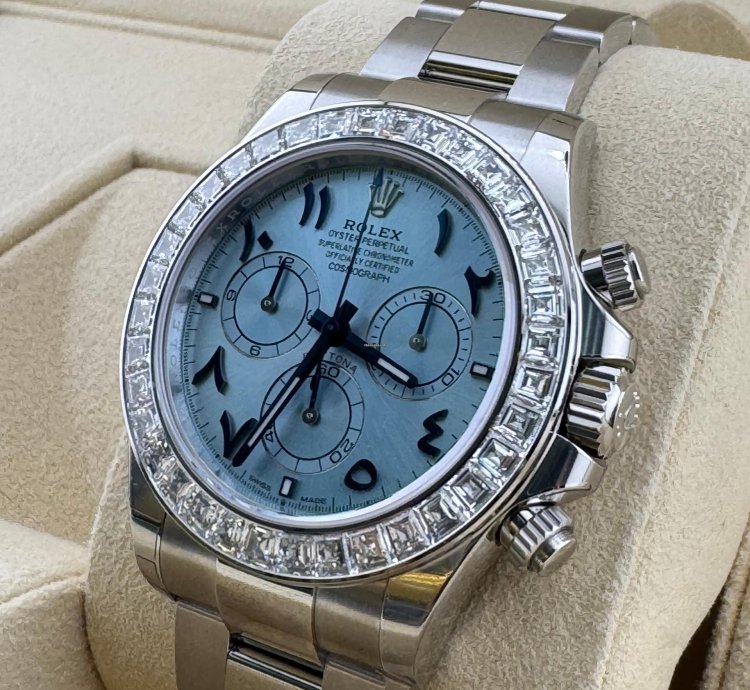 Rolex Daytona Arabic Ice Blue Dial Bugguatte Diamond Bezel Open Caseback New Reference