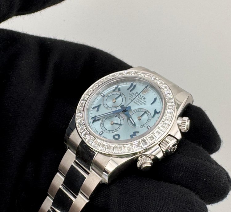 Rolex Daytona Arabic Ice Blue Dial Bugguatte Diamond Bezel Open Caseback New Reference