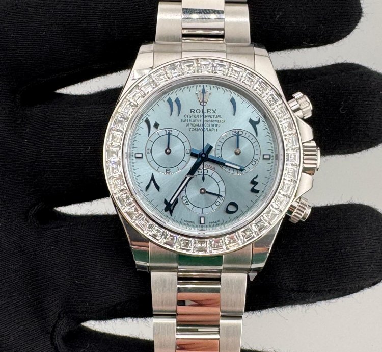 Rolex Daytona Arabic Ice Blue Dial Bugguatte Diamond Bezel Open Caseback New Reference