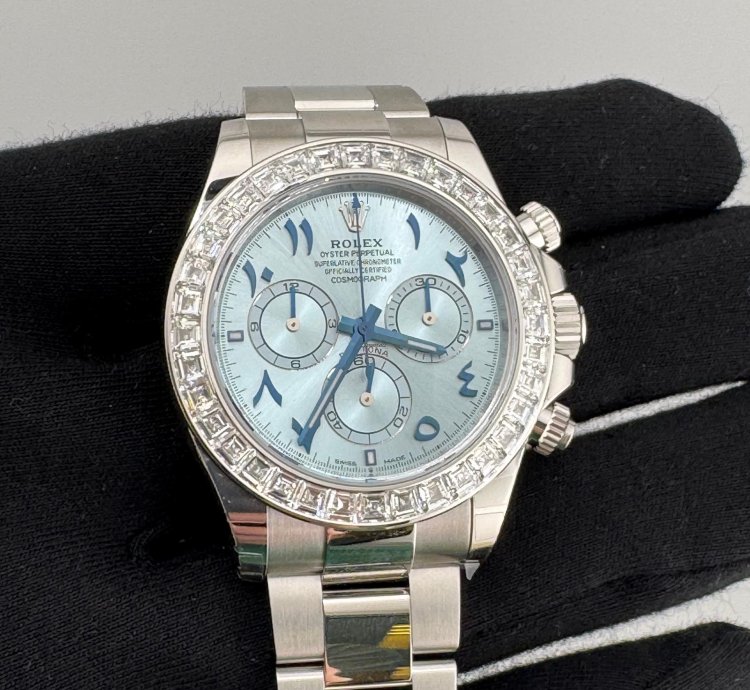 Rolex Daytona Arabic Ice Blue Dial Bugguatte Diamond Bezel Open Caseback New Reference