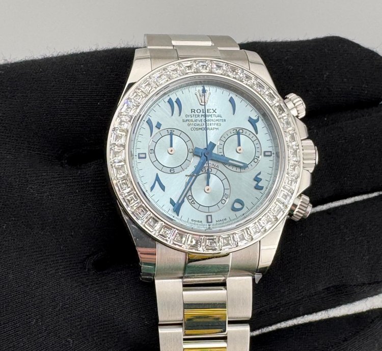 Rolex Daytona Arabic Ice Blue Dial Bugguatte Diamond Bezel Open Caseback New Reference