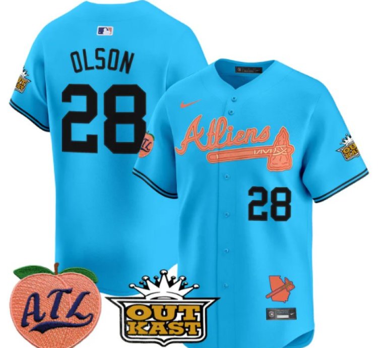 Matt Olson Jersey 28 Atlanta Braves Atliens Peach Vapor Premier Limited Stitched Light Blue