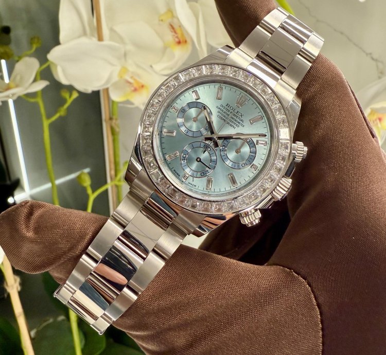 Rolex Daytona Platinum Daytona Factory Set Baguette Diamonds Ice Blue Dial 2023