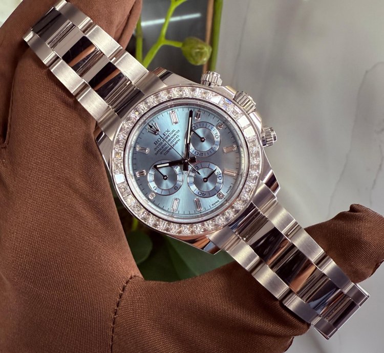 Rolex Daytona Platinum Daytona Factory Set Baguette Diamonds Ice Blue Dial 2023