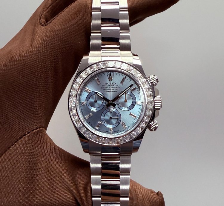Rolex Daytona Platinum Daytona Factory Set Baguette Diamonds Ice Blue Dial 2023