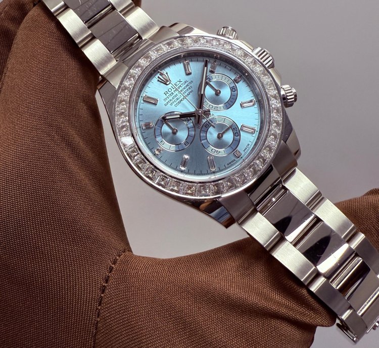 Rolex Daytona Platinum Daytona Factory Set Baguette Diamonds Ice Blue Dial 2023