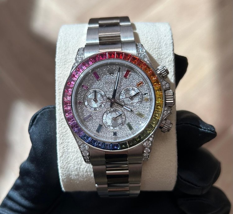 Rolex Daytona Rainbow 2022 Rolex Daytona White Gold Pave Dial Raindbow Bezel