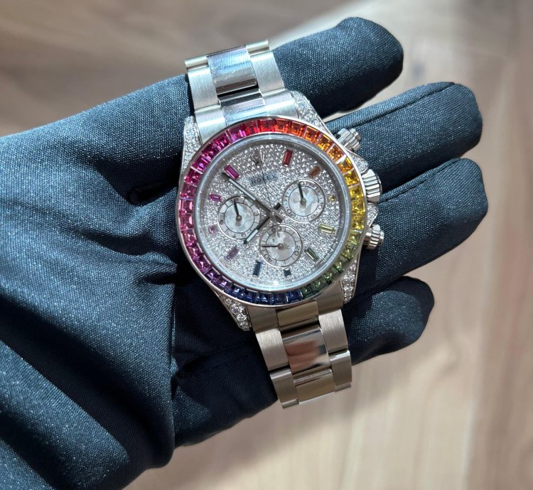 Rolex Daytona Rainbow 2022 Rolex Daytona White Gold Pave Dial Raindbow Bezel