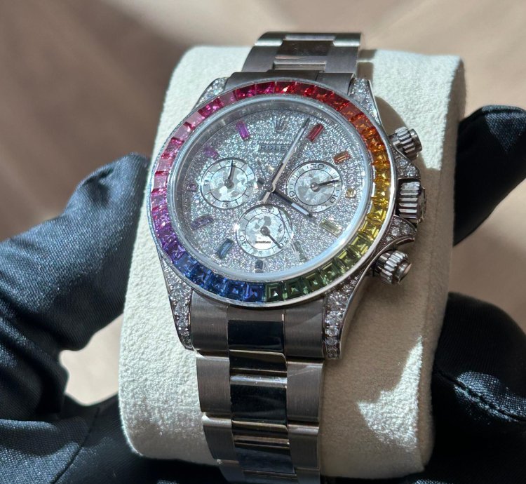 Rolex Daytona Rainbow 2022 Rolex Daytona White Gold Pave Dial Raindbow Bezel