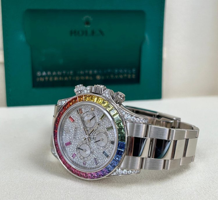 Rolex Daytona Rainbow 2022 Rolex Daytona White Gold Pave Dial Raindbow Bezel