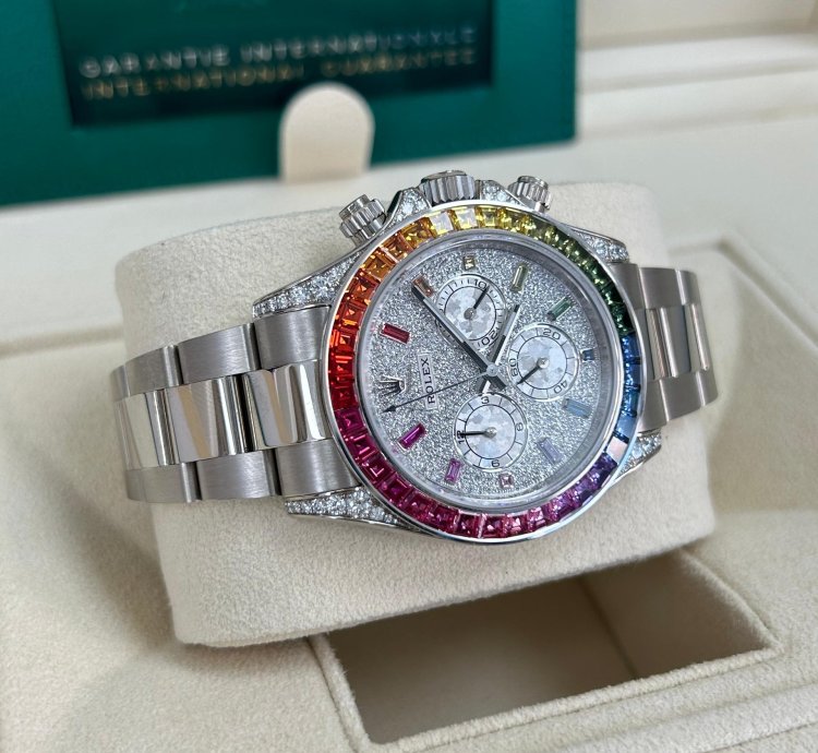 Rolex Daytona Rainbow 2022 Rolex Daytona White Gold Pave Dial Raindbow Bezel