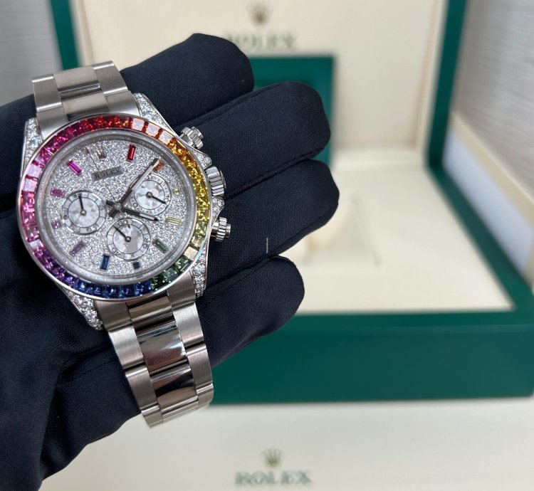 Rolex Daytona Rainbow 2022 Rolex Daytona White Gold Pave Dial Raindbow Bezel