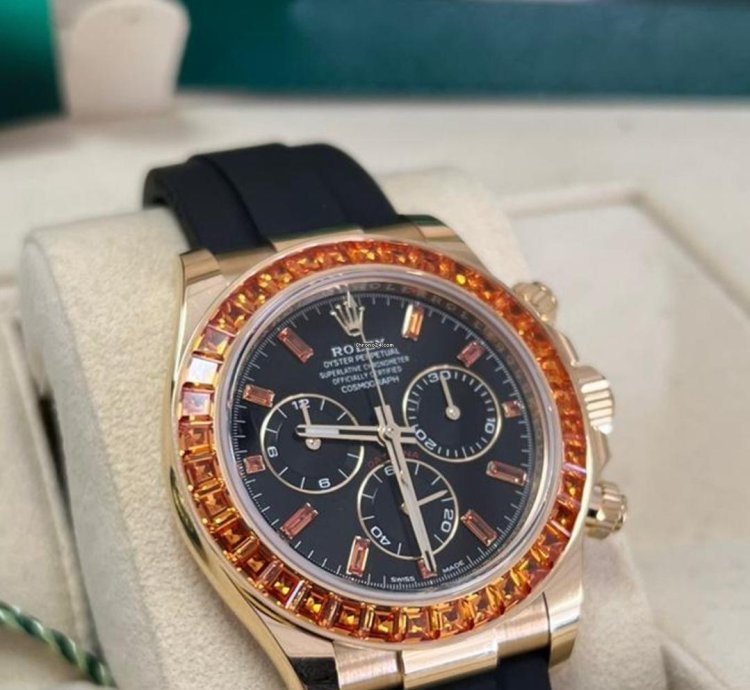 Rolex Daytona Yellow Gold Orange Sapphire Bezel Black Dial 116588saco