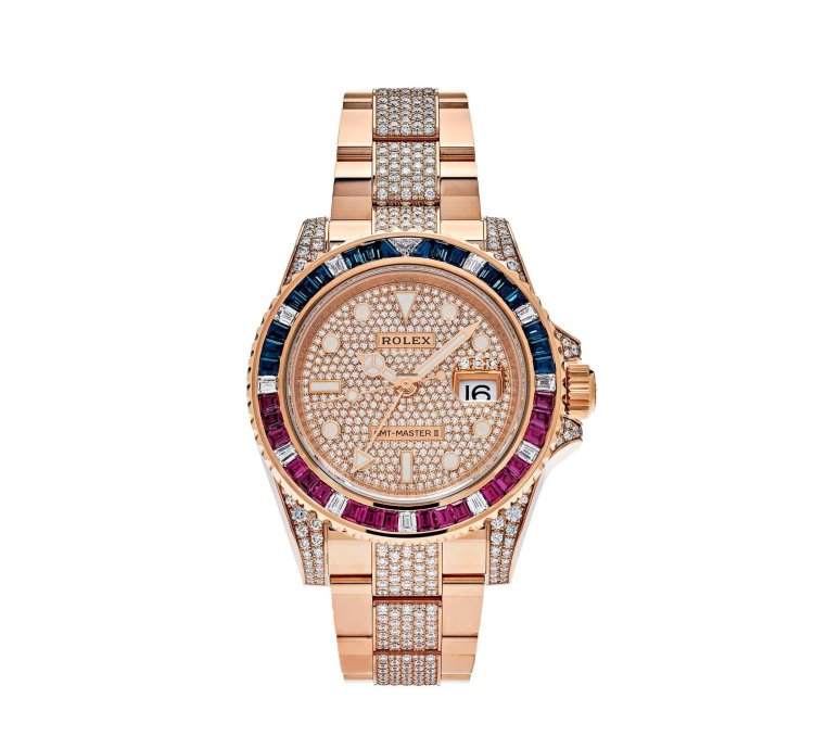 Rolex Gmt-master Ii 126755saru Rose Gold Sapphire And Ruby Diamond Pave